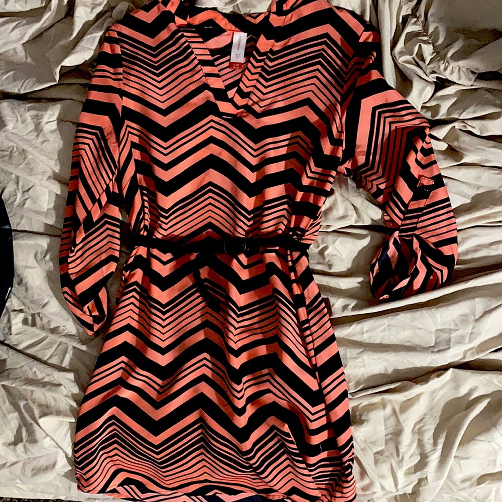 Vivid peach and black printed summer dress & belt